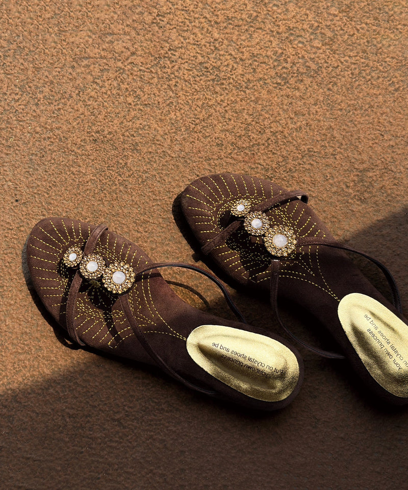 Brown Zircon Splicing Wedge Suede Slide Sandals