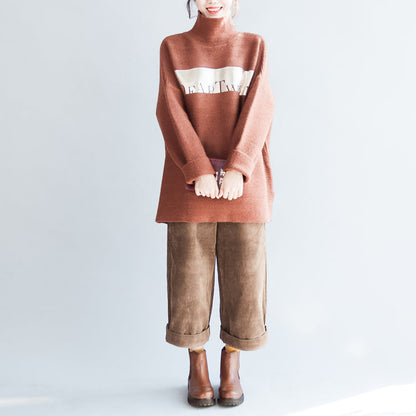 Brown Oversized Knit Sweaters Turtle Neck Warm Knit Tops Pullover
