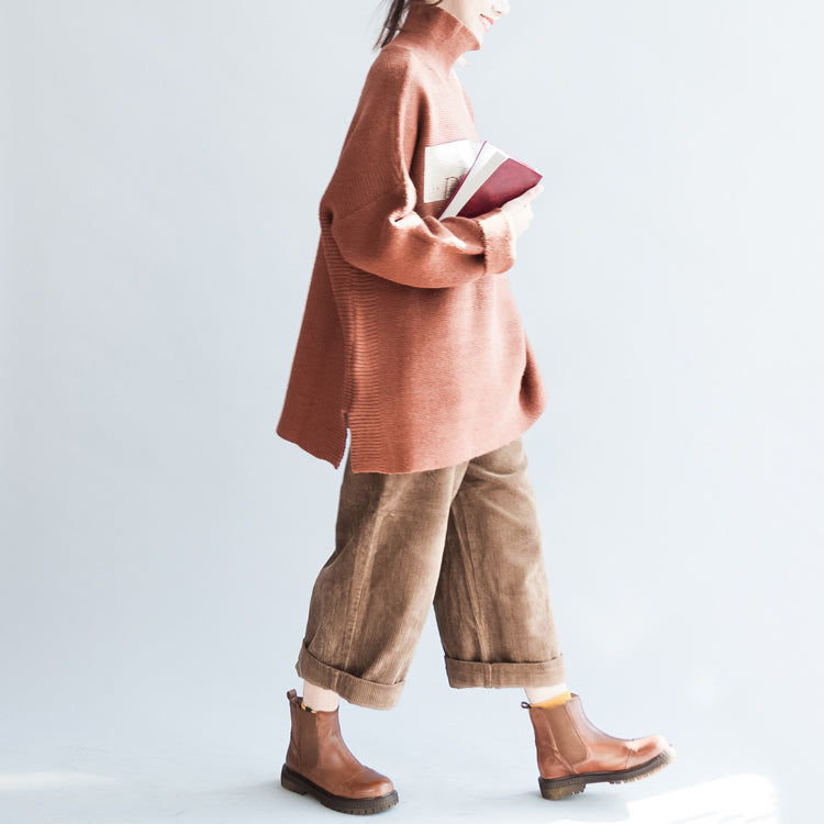 Brown Oversized Knit Sweaters Turtle Neck Warm Knit Tops Pullover