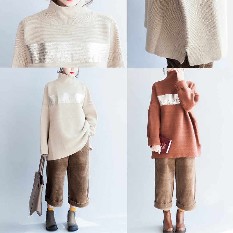 Brown Oversized Knit Sweaters Turtle Neck Warm Knit Tops Pullover