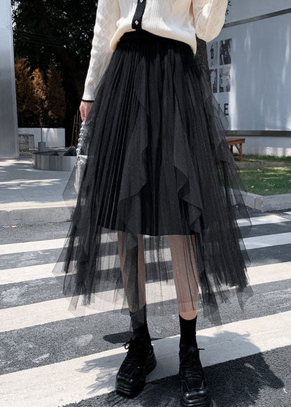 Brown Tulle Asymmetrical Pleated Skirt Spring