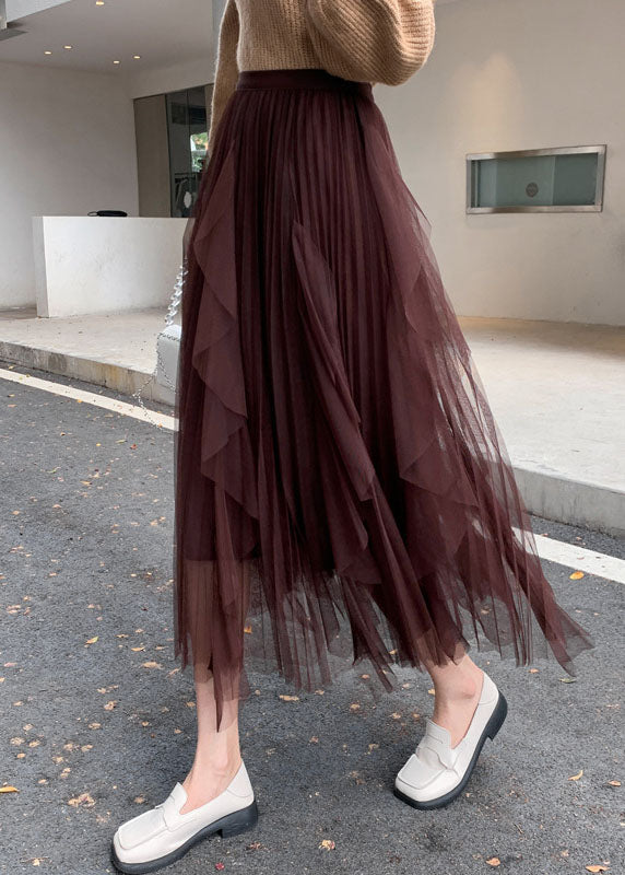 Brown Tulle Asymmetrical Pleated Skirt Spring