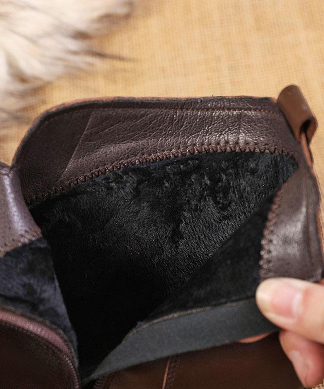 Brown Zippered Cowhide Leather Boots Splicing Boots