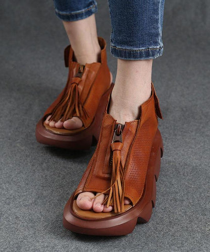 Brown Zippered Flat Sandals Platform Walking Sandals