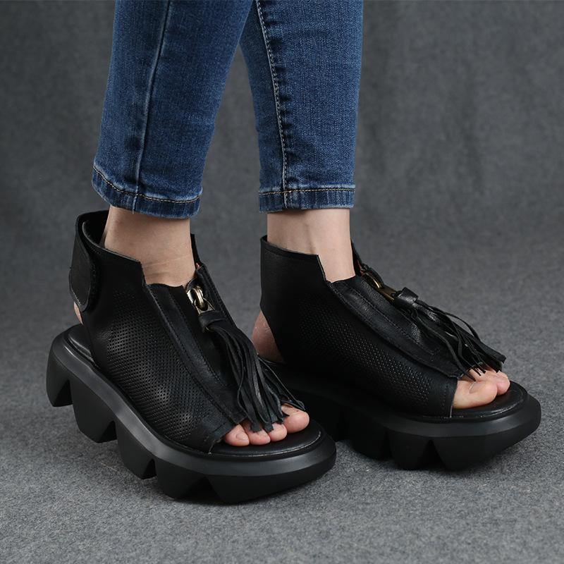 Brown Zippered Flat Sandals Platform Walking Sandals