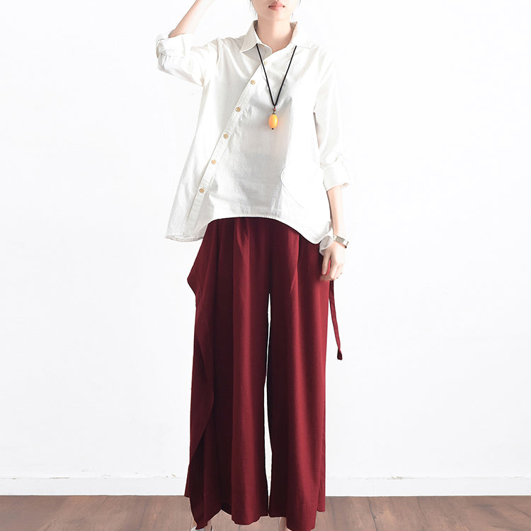 Burgundy Asymmetric Linen Crop Pants Oversize Wide Leg Pants Trousers