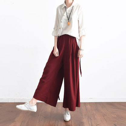Burgundy Asymmetric Linen Crop Pants Oversize Wide Leg Pants Trousers