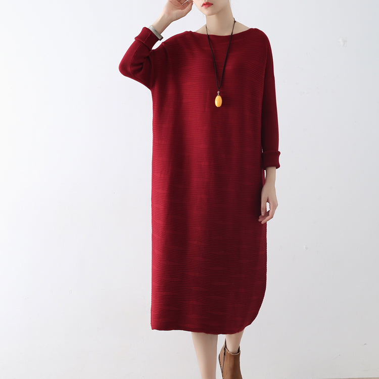 Burgundy Wave Knit Sweater Dresses Long Winter Dresses Cotton Sweaters Winter