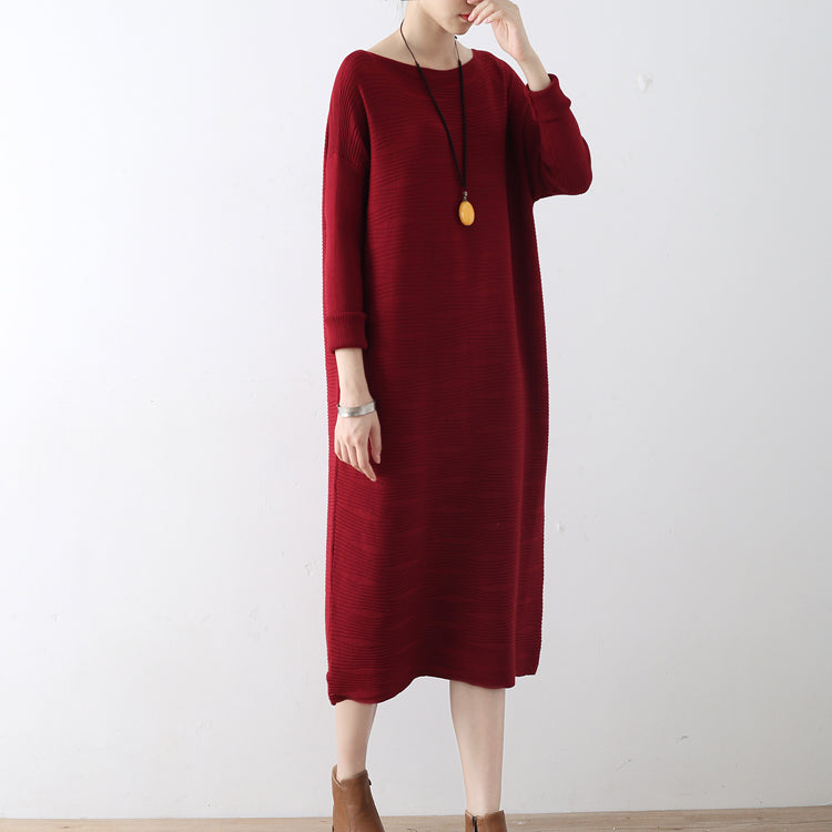 Burgundy Wave Knit Sweater Dresses Long Winter Dresses Cotton Sweaters Winter