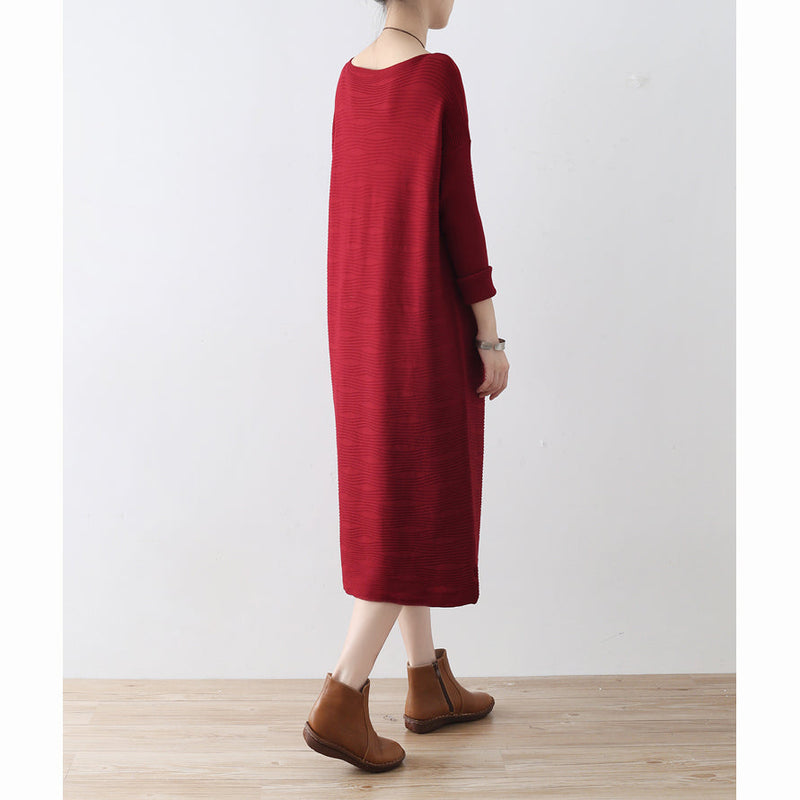 Burgundy Wave Knit Sweater Dresses Long Winter Dresses Cotton Sweaters Winter