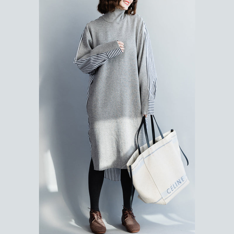 Buy Gray Cotton Clothes for Metropolitan Museum Work Art High Neck Batwing Sleeve Dress