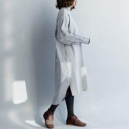 Buy Gray Cotton Clothes for Metropolitan Museum Work Art High Neck Batwing Sleeve Dress