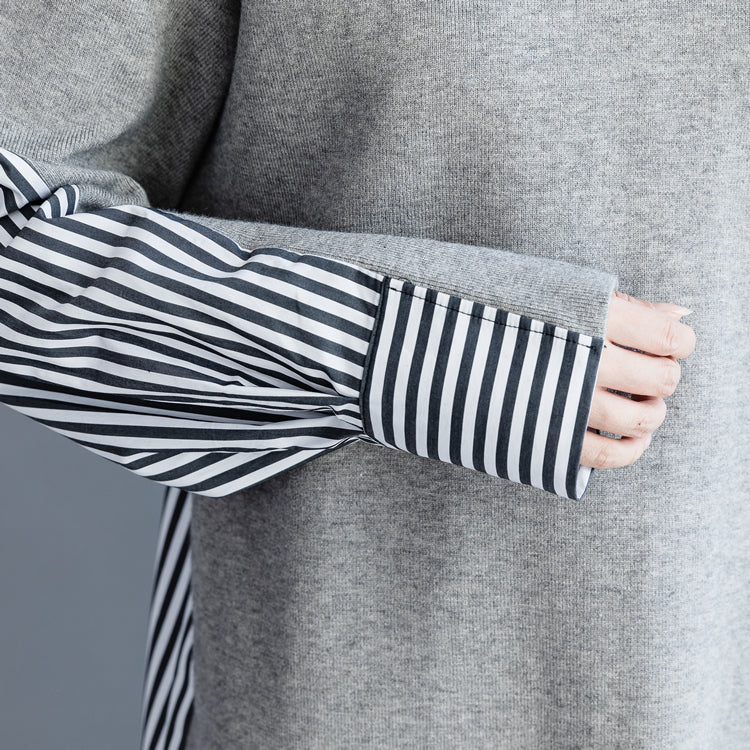 Buy Gray Cotton Clothes for Metropolitan Museum Work Art High Neck Batwing Sleeve Dress