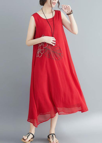 Buy Red Cotton Blended Robes Shirts Sleeveless Embroidery Long Summer Dress