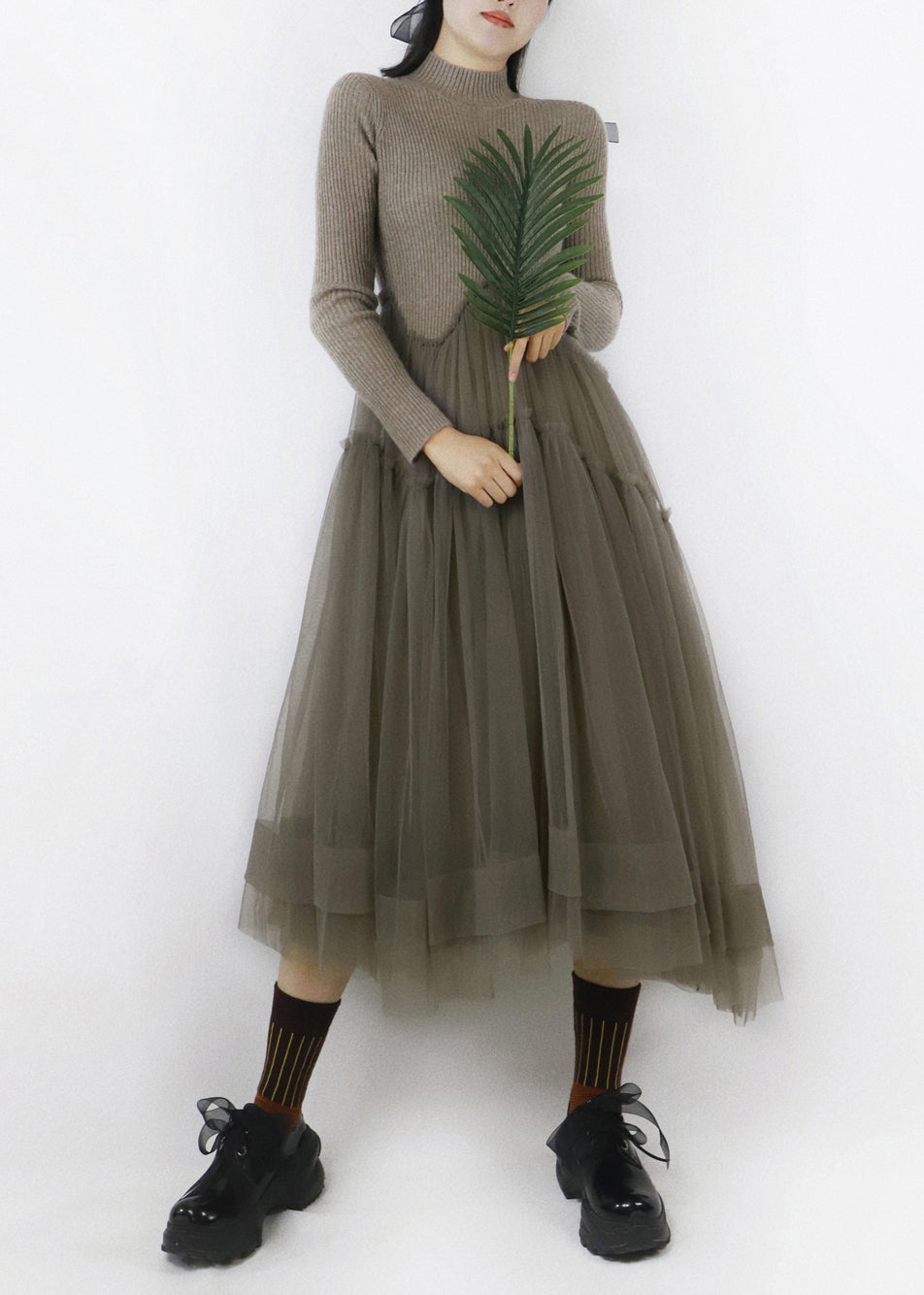 Camel Beige Ruffled Tulle Patchwork Long Sweater Turtleneck