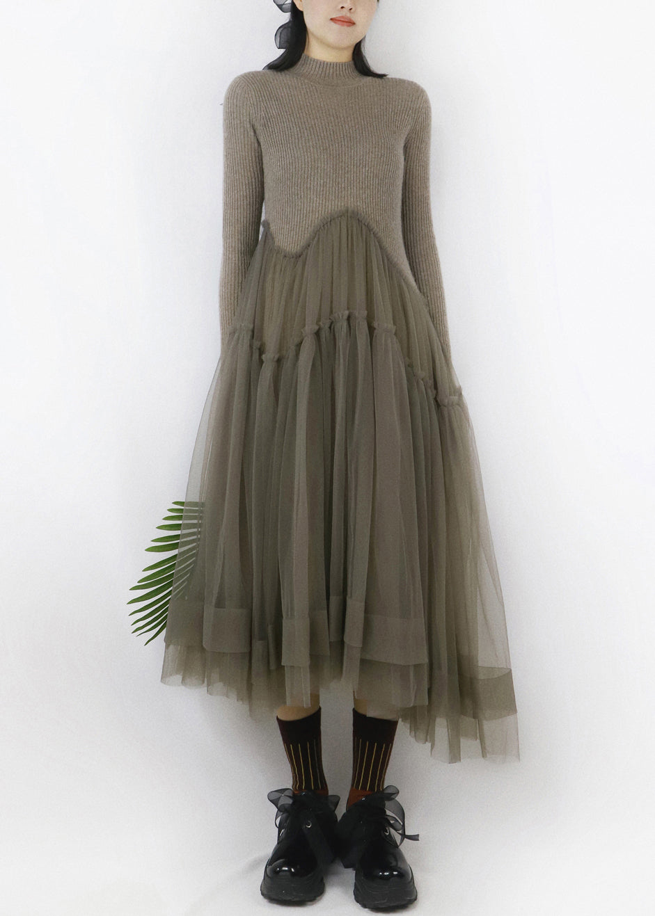 Camel Beige Ruffled Tulle Patchwork Long Sweater Turtleneck