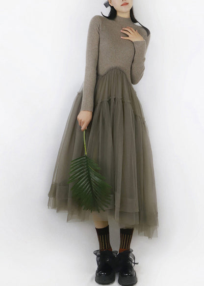 Camel Beige Ruffled Tulle Patchwork Long Sweater Turtleneck