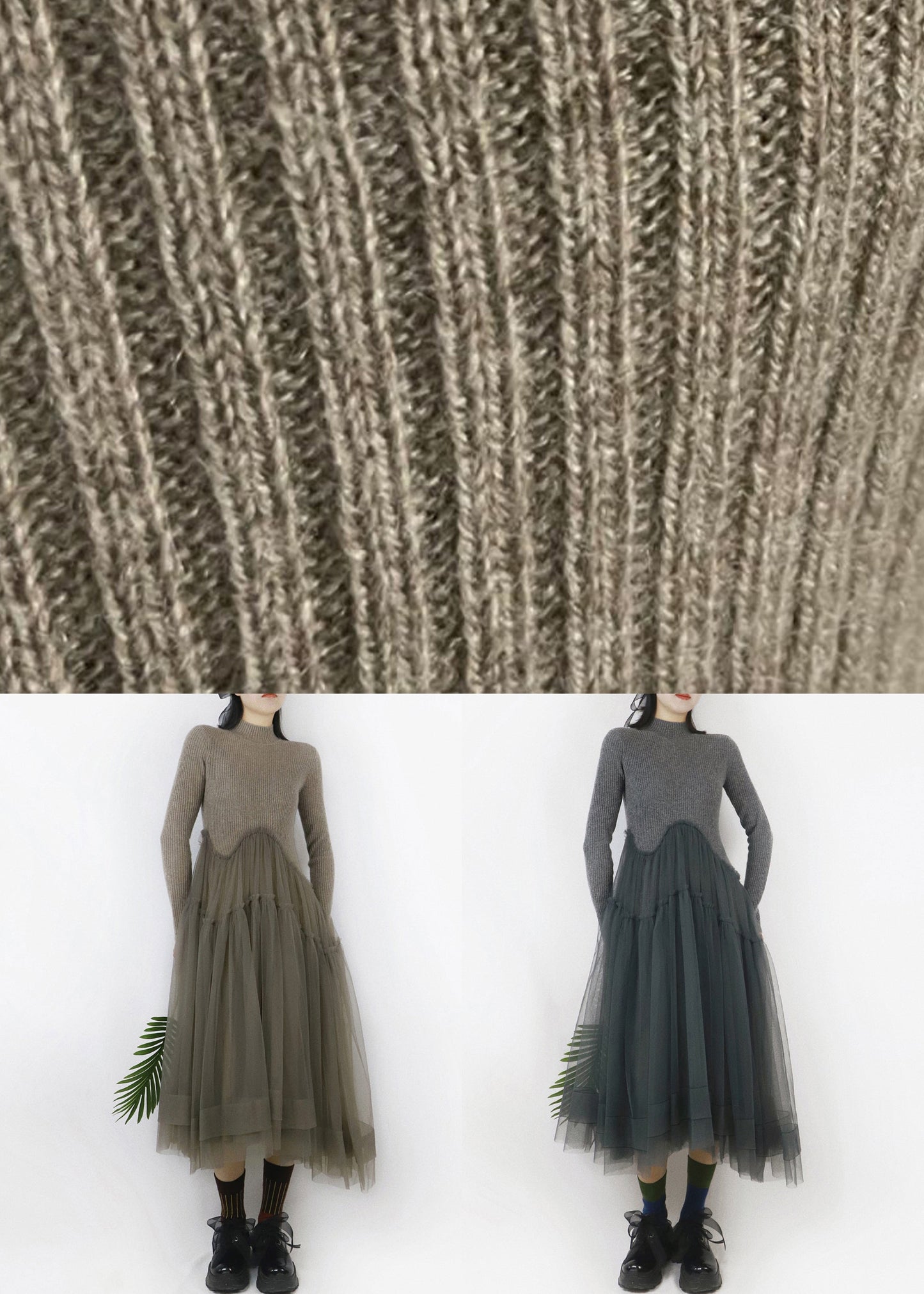 Camel Beige Ruffled Tulle Patchwork Long Sweater Turtleneck