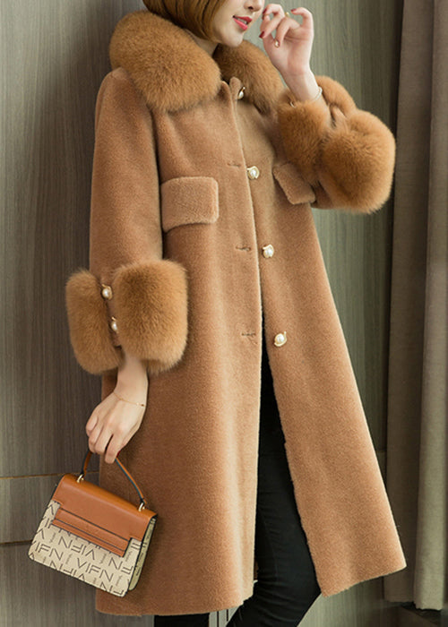 Camel Button Patchwork Woolen Coats Peter Pan Collar Winter