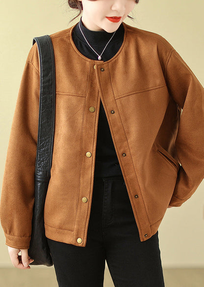 Camel Faux Suede Jacket O-neck Oversized Spring