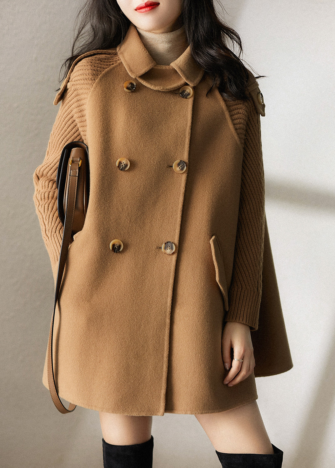 Camel Knitted Patchwork Woolen Coat Double Breast Spring