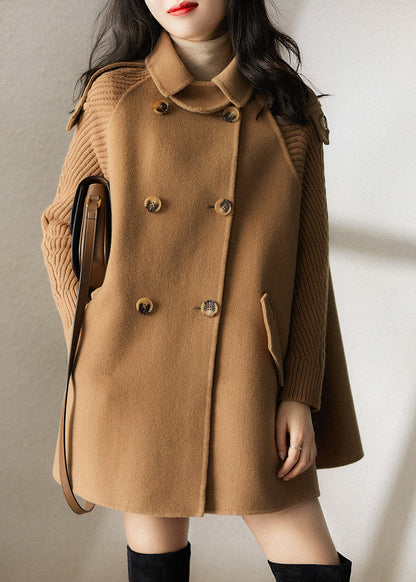 Camel Knitted Patchwork Woolen Coat Double Breast Spring