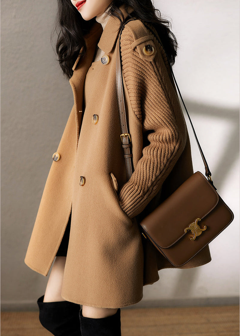 Camel Knitted Patchwork Woolen Coat Double Breast Spring