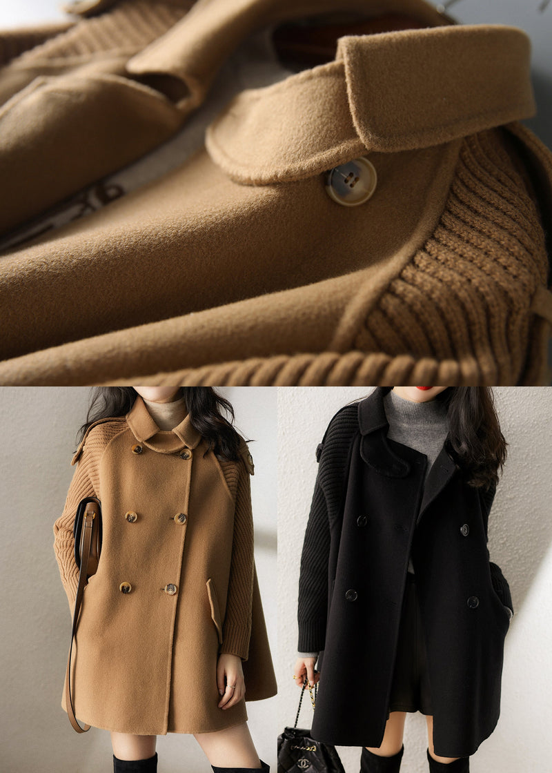 Camel Knitted Patchwork Woolen Coat Double Breast Spring