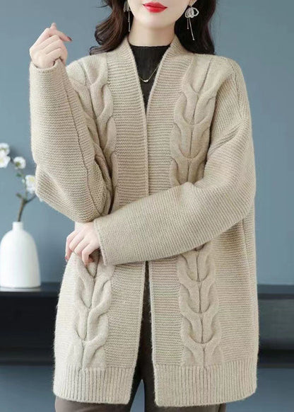 Camel Patchwork Thick Wool Cardigans V Neck Fall