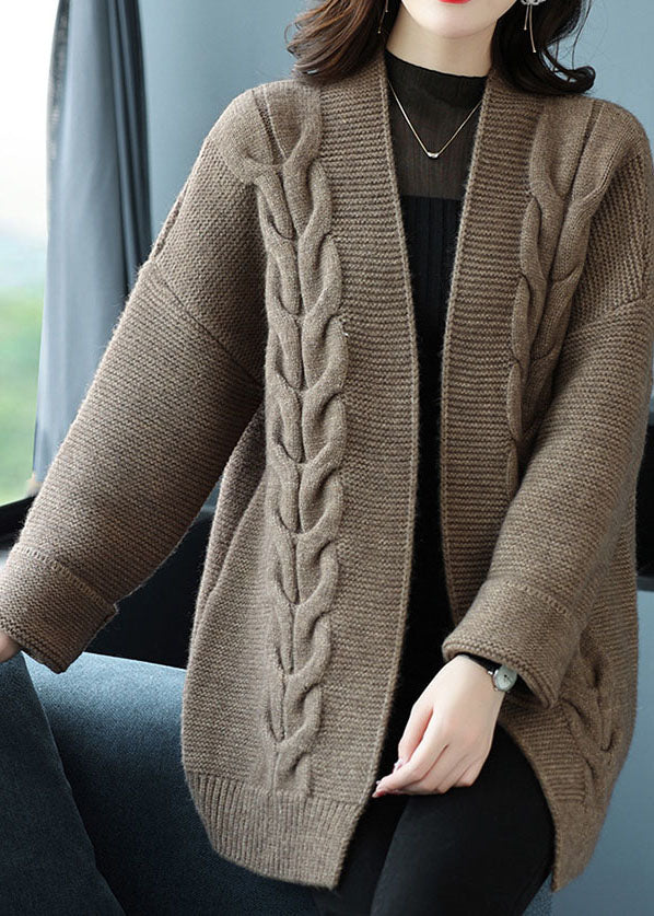 Camel Patchwork Thick Wool Cardigans V Neck Fall