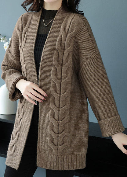 Camel Patchwork Thick Wool Cardigans V Neck Fall
