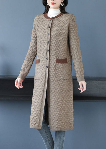 Camel Pockets Patchwork Long Wool Outwear O Neck Button Fall