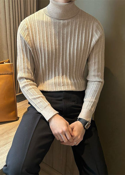 Camel Striped Thick Knit Winter Sweater Tops Turtleneck
