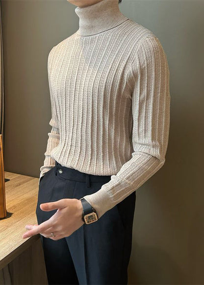 Camel Striped Thick Knit Winter Sweater Tops Turtleneck