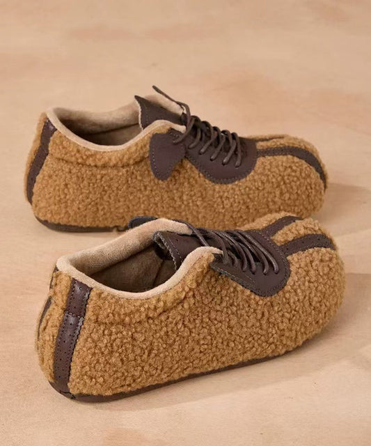 Camel Suede Lace Up Splicing Loafers Fuzzy Wool Lined