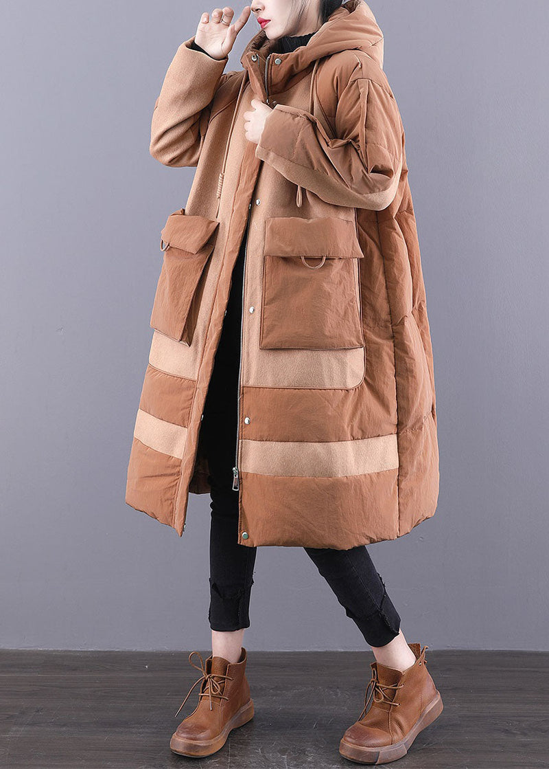 Camel Drawstring Duck Down Winter Coats Zip Up Winter