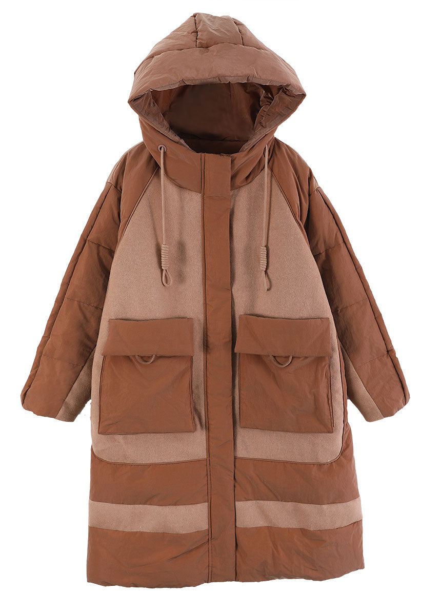 Camel Drawstring Duck Down Winter Coats Zip Up Winter