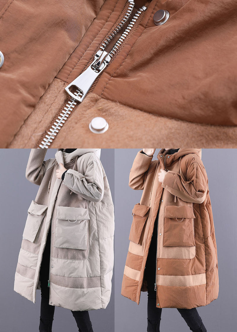 Camel Drawstring Duck Down Winter Coats Zip Up Winter