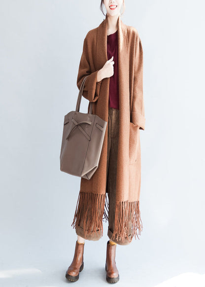 Camel Tasseled Maxmara Cashmere Coats Long Woolen Cardigans Warm Jackets Outwear