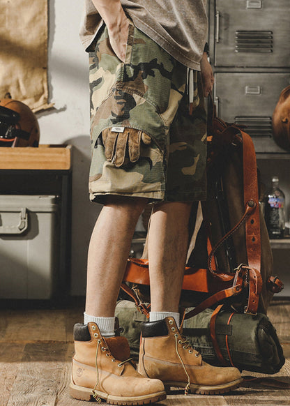Camouflage Pockets Drawstring Cotton Shorts Elastic Waist Summer
