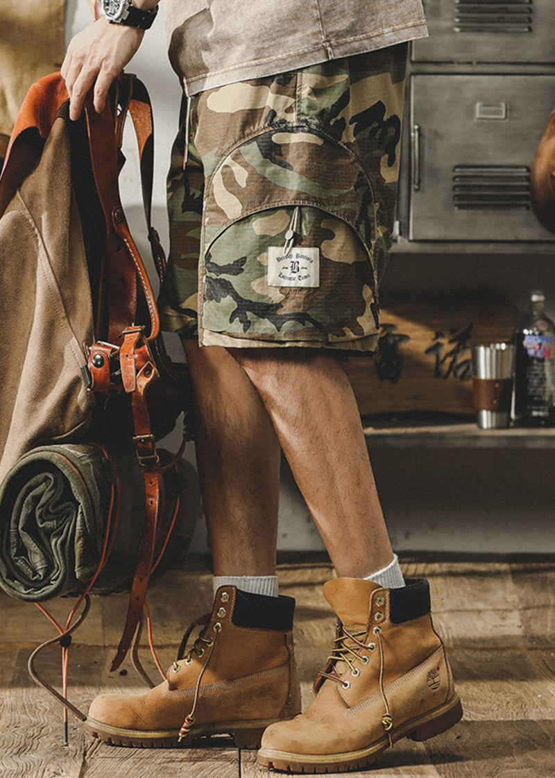 Camouflage Pockets Drawstring Cotton Shorts Elastic Waist Summer