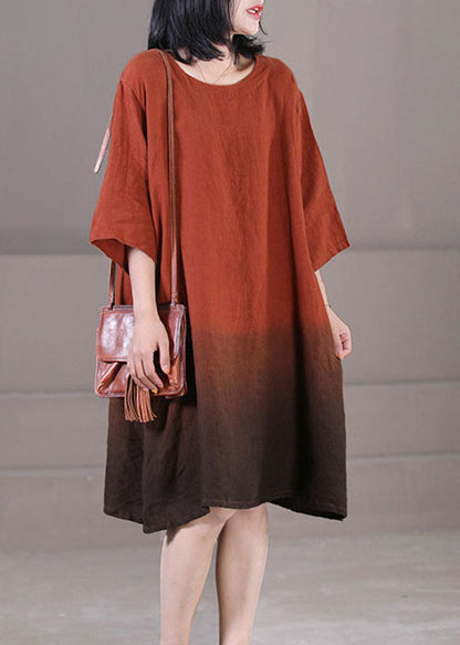 Caramel Exra Large Hem Cotton Vacation Dress O-neck Gradient Color Half Sleeve