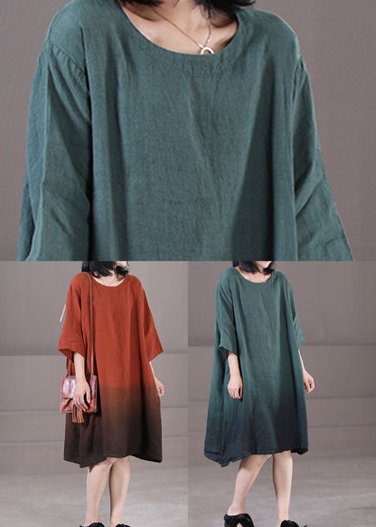 Caramel Exra Large Hem Cotton Vacation Dress O-neck Gradient Color Half Sleeve