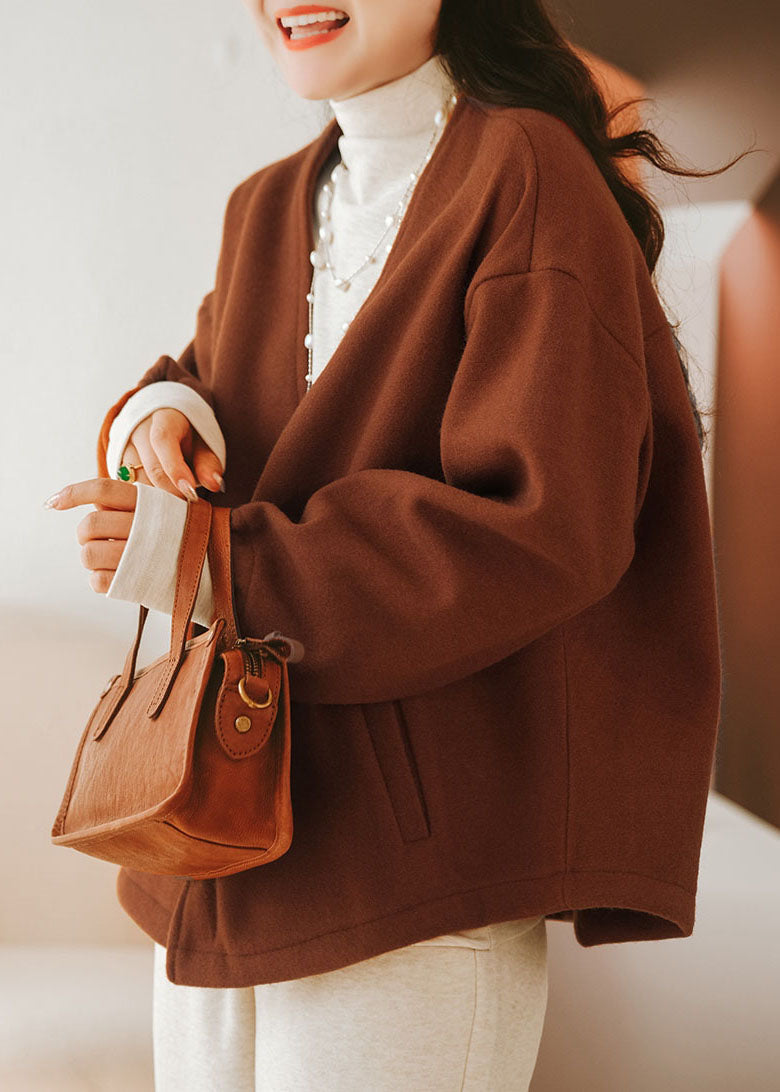 Caramel Oversized Cotton Blend Coats V Neck Winter
