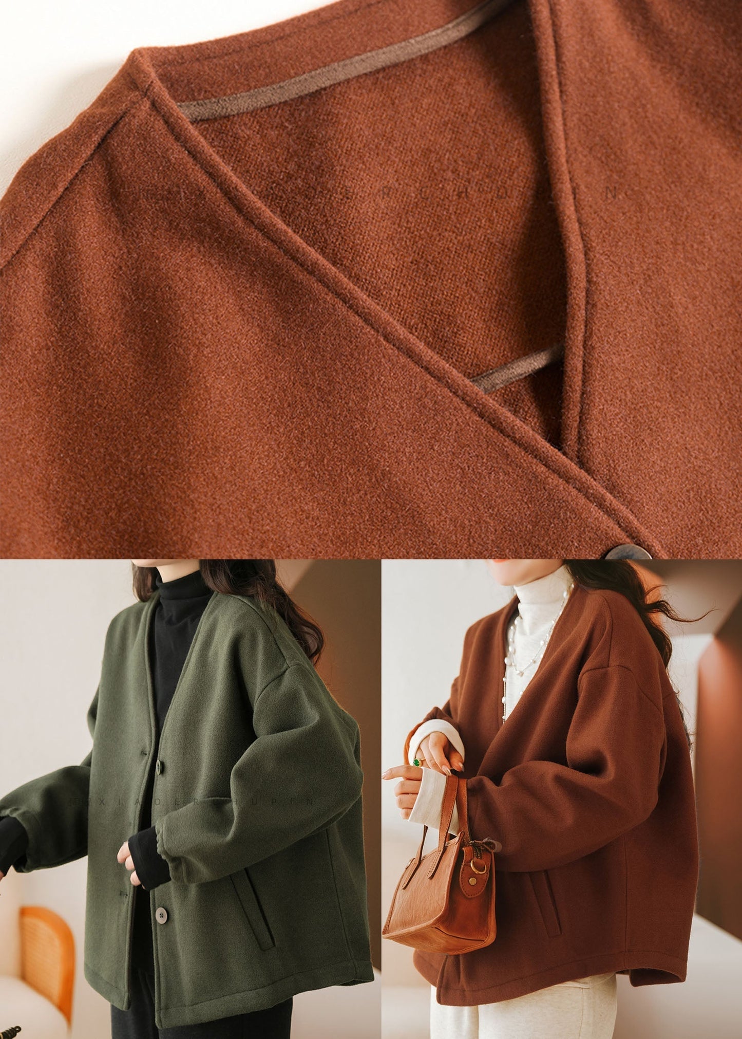 Caramel Oversized Cotton Blend Coats V Neck Winter