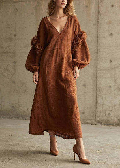 Caramel Patchwork Faux Fur Cotton Long Dress V Neck Fall