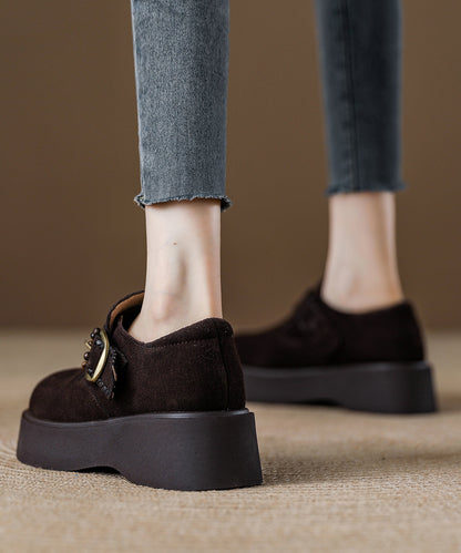 Caramel Suede Platform Flat Shoes for Splicing Buckle Strap