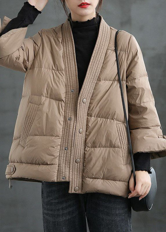 Caramel V Neck Button Thick Winter Jackets