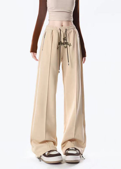 Apricot Butterfly Embroidered Warm Fleece Wide Leg Pants Spring