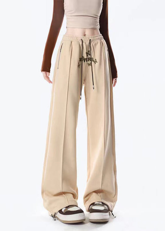 Apricot Butterfly Embroidered Warm Fleece Wide Leg Pants Spring